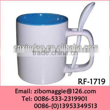 11oz U Shape Plain White Promotional Wholesale Coffee Ceramic Mug Spoon