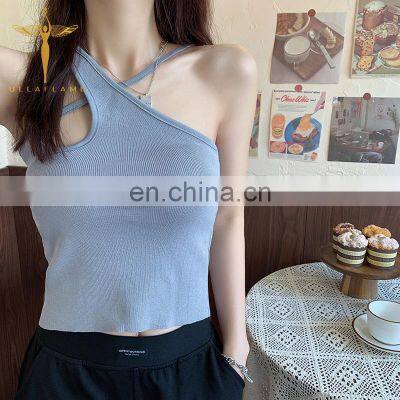 Forefair Ribbed Tank Tops Sexy Crop Vest Solid Harajuku Korean Female Off Shoulder Knitted Khaki Black Summer Women Tops photo-5