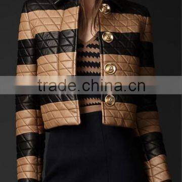 Geometric Stitch Plonge Leather Jacket for Women