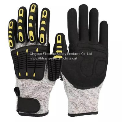 Anti Cut Anti Impact HPPE liner Nitrile Sandy Coated TPR Anti Vibration Gloves With Wrist Support