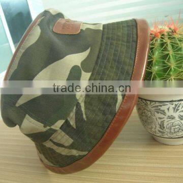 100% cotton canvas leather flat top cap camo bucket hat