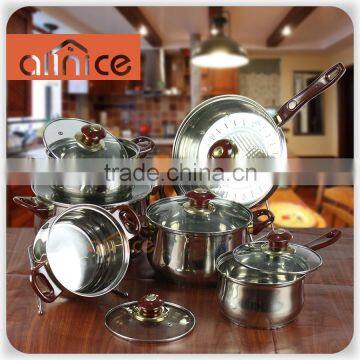 Wholesale stainless steel kitchen queen cookware set with glass lid and bakelite handle/knob