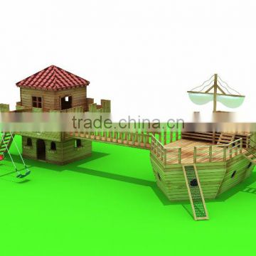 2016 hot sale outdoor playground type and house with boat play ,wood material with slides and sewing