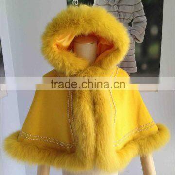 TC07# children cashmere cape with fox fur trim and fur hood with crystal lines