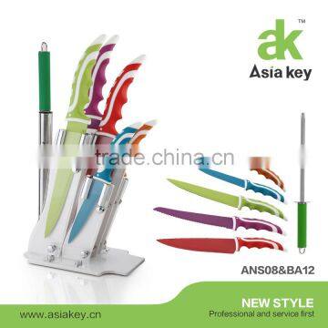 Multi colors non stick coating knife set with acrylic block, soft grip handle