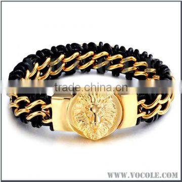 Gold metal chains leather braided cluster high quality clasp bangle 2016