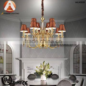 12 Light Antique Brass Copper Chandelier with Brown Fabric Shade