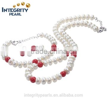 9mm AA+ button shape red coral natural freshwater pearl necklace bracelet cheap pearl set