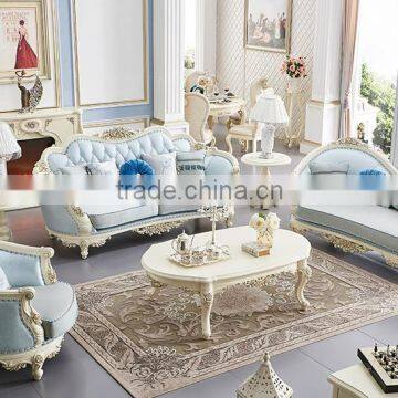 Solid wood rose hand carving blue genuine leather sofa set