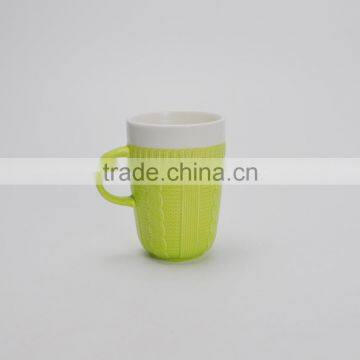 Two-tone Cable Knit Design Ceramic Embossed Mug , Colorful Ceramic Sweater Mug