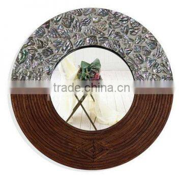 Round Mother of Pearl and Rattan Wall Hang Mirror