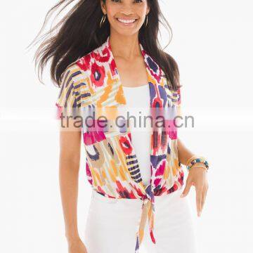 women's short sleeve printed front open blouse tops