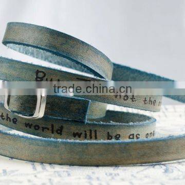 words/text engraved leather wrap bracelet, custom logo hand-stamped leather bracelet, adjustable long leather wrap bracelet