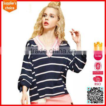 Hot style long sleeves ladies v-neck pattern sweater knitted striped pullover