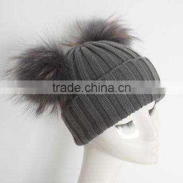 Myfur Dark Grey Wool Knitting Hat With Detachable Raccoon Fur Pom Poms photo-5