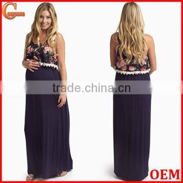 New Style Navy Blue Floral Overlay Maternity Clothes Maxi Dress Wholesale