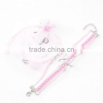 Wax Rope Braiding Bracelets Pink & White Antique Silver Cross & Infinity Symbol Findings "Love" Carved 20cm long,Newest