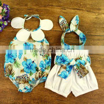 Boutique Blue Flower Printed Baby Romper and Shorts Fabric Belt for Children Clothing