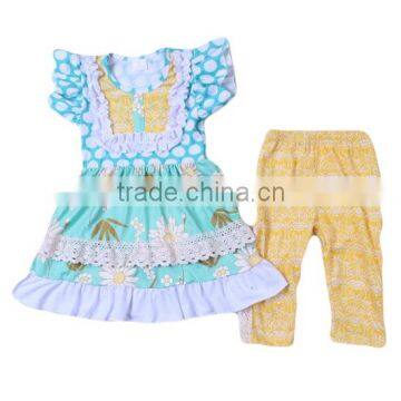 Plain puffy kids ruffle 2pcs outfits summer childrens ruffle pants outfit