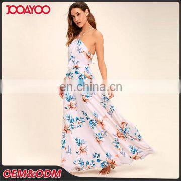 Light peach colored floral print splicing lady dress spaghetti strap long women maxi dress