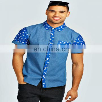 Short Sleeve Nautical Print Denim Shirt/cotton fabric mens casual shirts/men short sleeve fashion clothing shirt model-sc370