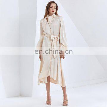 TWOTWINSTYLE Dress For Women Lace Up Lantern Sleeve High Waist With Belt Ruffle Vintage Patchwork photo-5