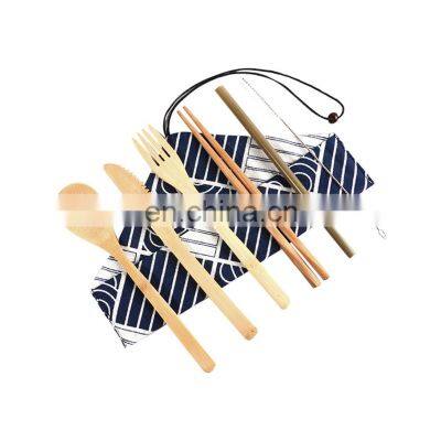 Portable Bamboo Handle Cutlery Travel Eco-Friendly Fork Spoon Set Include Reusable Bamboo Tube Cutlery Slice Fork Spoon Straw