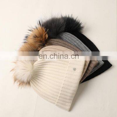 Inner Mongolian 100% Cashmere Hat Women Beanie with Fur Ball Pom