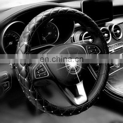 Autoaby Universal 38cm Steering Wheel Cover Bling Rhinestones Crystal Car Handcraft Steering Wheel Covers Soft Leather