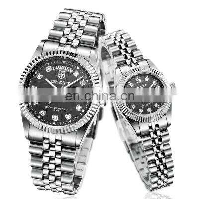 DK&YTMarried 2 Tones Couple Watches Stainless Steel Quartz Analog Lover's Diamond Numeral Pair Wristwatch