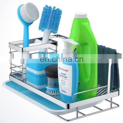 Hot Sale 304 Stainless Steel Large Kitchen Sink Caddy Organizer Sponge Soap Brush Holder Rack with Drain Pan Tray