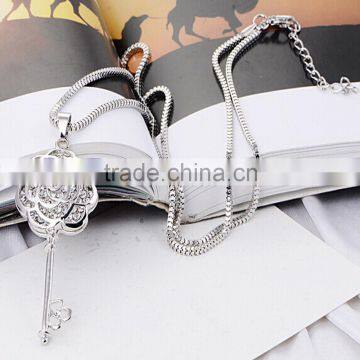925 Sterling Silver Crystal Hollow Out Flower Key Charm Pendant Necklace photo-3