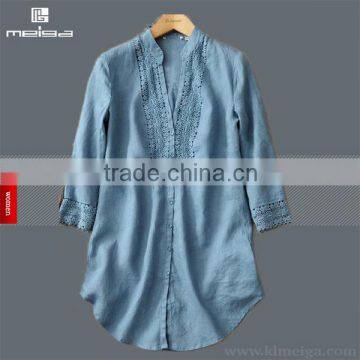 ladies' soft linen shirt plain dye fabric blouse long sleeve lace ornament top