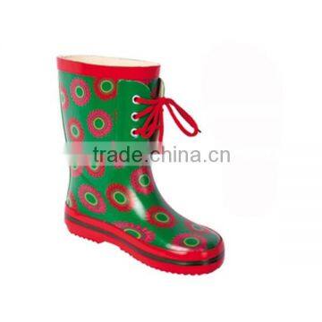 fashion printed adjustable kids rain boots, lovely lace up rubber boots,high quality trustable supplier