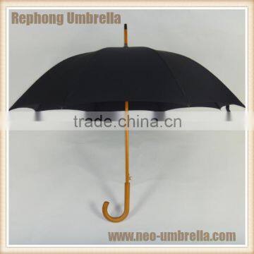 23''Black pongee wooden umbrella for hotel gift with wooden handle