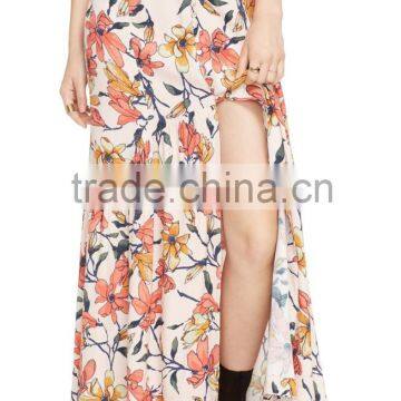 Hot Sell Flower Print Front Split Maxi Skirt Fancy Skirt Top Designs
