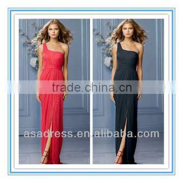 2014 New Style One-Shoulder Shirred Bodice Draped Front Slit Floor Length Skirt Cheap Bridesmaid Dresses (BDWA-4008)