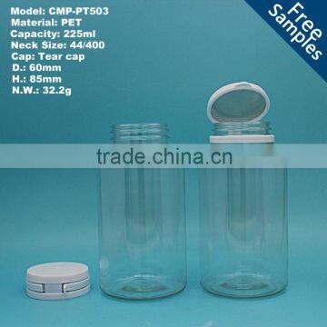 Cylindrical PET Pharmaceutical plastic packaging bottle 225ml, 225cc medicine pill capsule bottle
