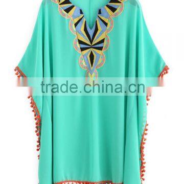 2016 Fashion Design Embroidery Lace Trimming Chiffon Casual Kaftan Top, Beach Kaftan SY1604 photo-1