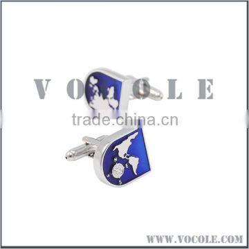 Arc-Shaped Blue Ocean Map with Compass Stainless Steel Silver Cufflink