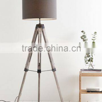 0403-9 brushed grey detail and paired with a round drum shade adjusted in height wooden base Tripod Floor Lamp