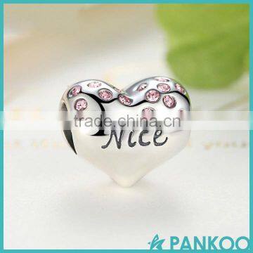 925 Sterling Silver NICE Naughty Word Heart Beads Charms With Pink Crystal for DIY Jewelry Making Baby Gift photo-3