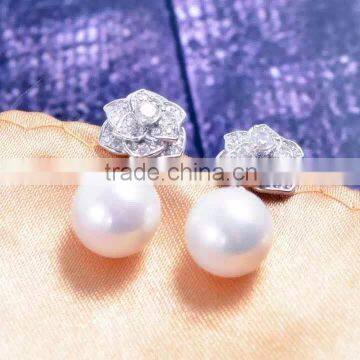 Fashion big pearl earring with zircon flower shape sterling silver jewelry in yiwu