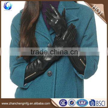 Factory made ladies wool lined long black sheepskin leather gloves with zipper