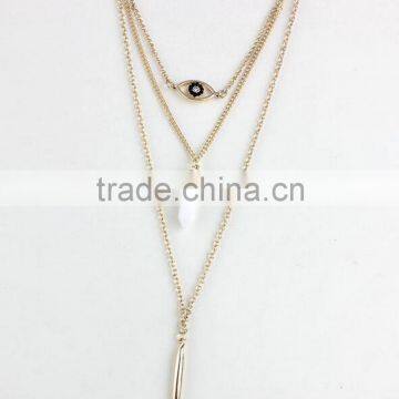 DIY Design White Glass Bullet Shape 3 Layers Long Gold Chain Evil Eye Necklace Jewelry