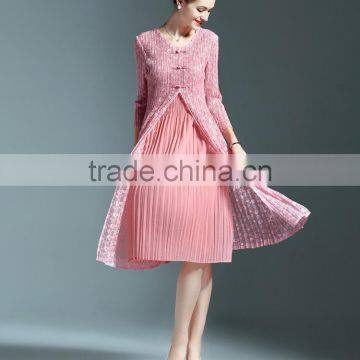 Chinoiserie Ladies Pleat Fake Two Pieces Lace Spliced Dress photo-2