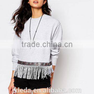 New design ladies vintage fringing crewneck cropped sweatshirt