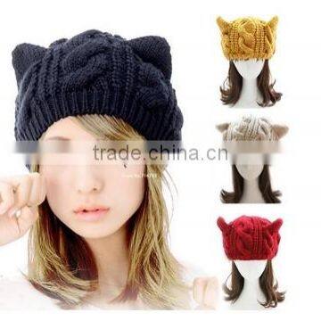 2014 New Fashion Korean Women lady horns Cat Ear Crochet Knitted Beanie Wool Hat Cap winter warm Hat 5 Colors 19311