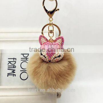 Fahsion Fox Head Faux Fur Keychain HandBag Rhinestone Pendant Charm Soft Car Key Ring 4 Colors fmq-11
