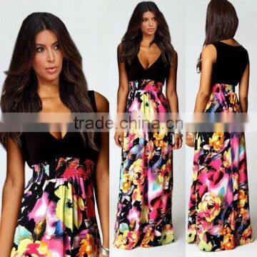 2016 NEW Fashion Print Floral Dress Deep V-neck Sleeveless Maxi Dress
